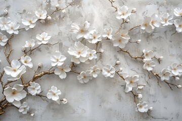 Wall Mural - Volumetric stucco molding of delicate sakura flowers in full bloom, their branches spreading gracefully across the wall.