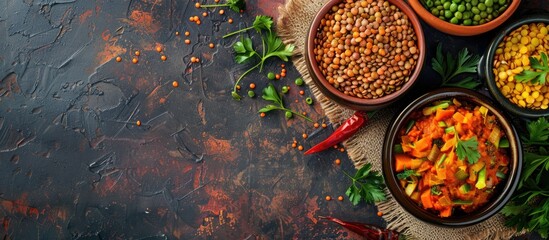 Leinwandbilder - Menu dishes featuring boiled lentils with vegetables, displayed from a top view with ample free copy space image.
