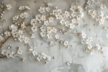 Wall Mural - Volumetric stucco molding of delicate sakura flowers 