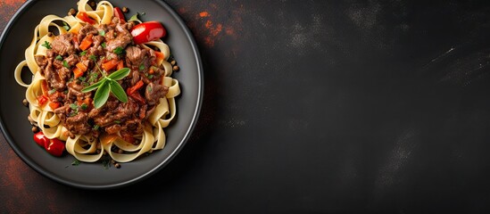 Poster - Top view of a black bowl filled with fettuccine pasta and beef ragout sauce on a grey background with ample copy space image.