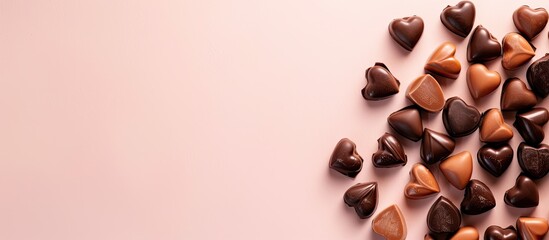 Wall Mural - beautiful chocolate hearts pastel background  Food  Isolated. with copy space image. Place for adding text or design