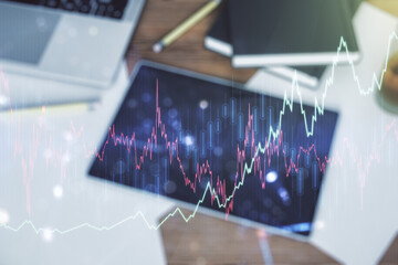 Poster - Multi exposure of abstract creative financial chart and digital tablet on background, top view, research and analytics concept