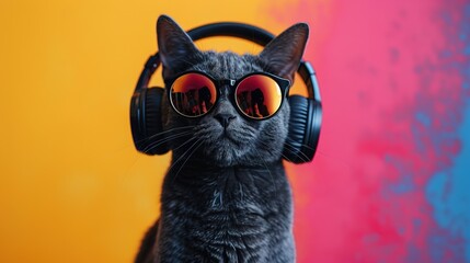 Wall Mural - Stylish cat with sunglasses and headphones on colorful background