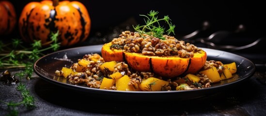 Poster - A seasonal autumn dish features pumpkin topped with thyme-garlic minced meat on a black plate, with ample copy space for overlaying text or graphics in the image.
