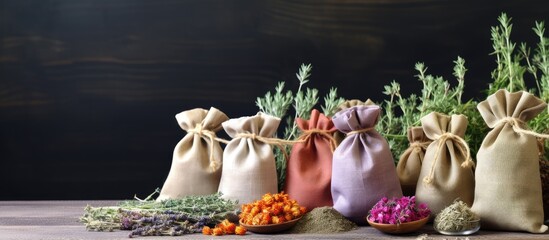 Leinwandbilder - Herbal bags and spa items arranged neatly on a grey wooden table with empty space for text beside them, ideal for a copy space image.