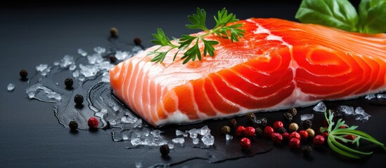 Leinwandbilder - Fresh raw salmon fillet, a red fish piece, on a food background with copy space image.