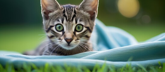Poster - Copy space image of a cute cat with big green eyes resting peacefully on a light blue blanket, looking directly at the camera, against an animal-themed background.