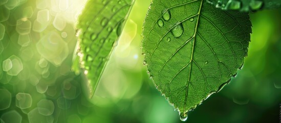 Poster - A green leaf with a raindrop on a natural green background, with selective focus for a copy space image.