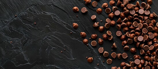 Poster - Chocolate candies on a black backdrop with scattered chocolate chips for a copy space image.