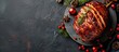 © vxnaghiyev - Top-down view of a mouthwatering ham on a gray tabletop for a Christmas meal, with room for text in the image. with copy space image. Place for adding text or design