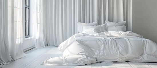 Poster - Bed with white pillows in bedroom. with copy space image. Place for adding text or design