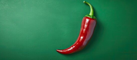 Aufkleber - Top view of a fresh red hot pepper on a green background, capturing a close-up image with copy space available.
