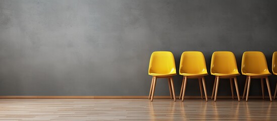 Sticker - Wooden floor with yellow seats empty against a gray wall, with copy space image.