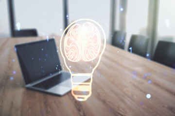 Aufkleber - Creative light bulb with human brain hologram on modern laptop background, artificial Intelligence and neural networks concept. Multiexposure