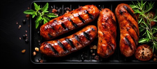 Poster - Top view of grilled pork meat sausages on a grill against a gray background, with available copy space image.