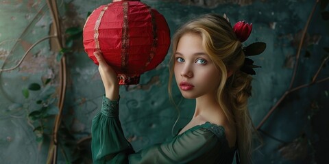 A woman in a green dress holds a red paper lantern, great for Asian-themed celebrations or cultural events