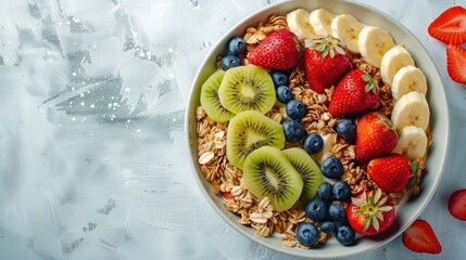 Canvas Print - A bowl of fruit with blueberries, strawberries, bananas, and kiwi