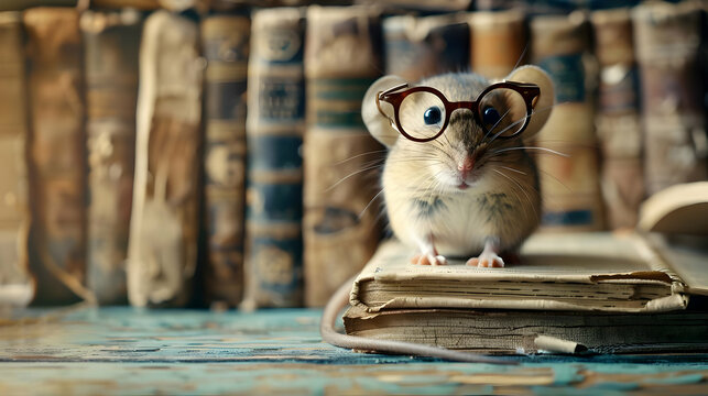 A mouse as a librarian with glasses
