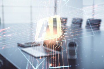 Poster - Double exposure of creative artificial Intelligence icon with modern laptop on background. Neural networks and machine learning concept