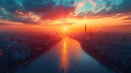 Wall Mural - A city skyline with a large red sun in the sky