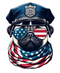 Bulldog Dog Wearing Sunglasses with american flag, American Patriotic dog,red, white, and blue sunglasses  and police cap- Generative AI