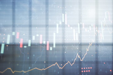 Poster - Multi exposure of virtual creative financial graph and world map on empty corporate office background, forex and investment concept