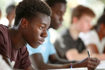 Poster - Diverse High School Students Engaged in Group Study Session in Classroom, Using Digital and Print Resources