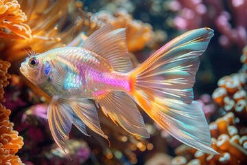 Wall Mural - An ethereal underwater kingdom where fairy fish with translucent wings glide gracefully among the coral reefs, their iridescent scales shimmering in the dappled sunlight