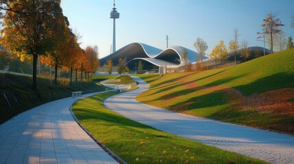 Wall Mural - A city with a large body of water in the middle. The water is surrounded by buildings and trees