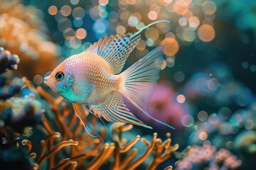 An ethereal underwater kingdom where fairy fish with translucent wings glide gracefully among the coral reefs, their iridescent scales shimmering in the dappled sunlight