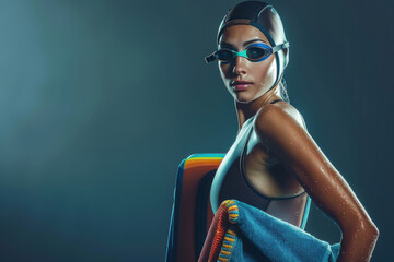 portrait of a professional swimmer in studio lighting, wearing a sleek racing swimsuit, goggles, and swim cap, holding a kickboard and swim towel.