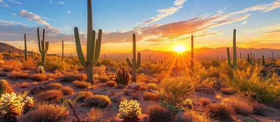 A desert landscape with a sunset in the background. The sun is setting behind a group of cacti