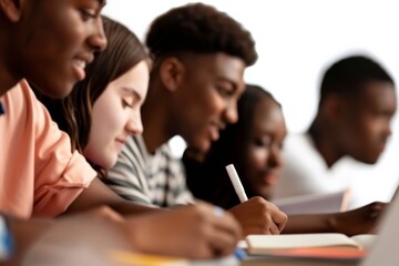 Poster - Diverse College Students Collaborating in Bright Modern Classroom, Using Technology and Notebooks