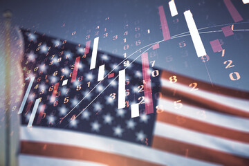 Poster - Abstract virtual financial graph hologram on USA flag and sunset sky background, forex and investment concept. Multiexposure