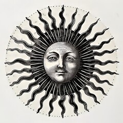 Wall Mural - Sun Symbol Illustration with Face in Black and White Square Frame