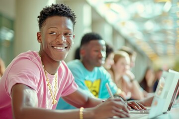 Poster - Bright, Diverse College Students Engaging in Collaborative Study at University Library