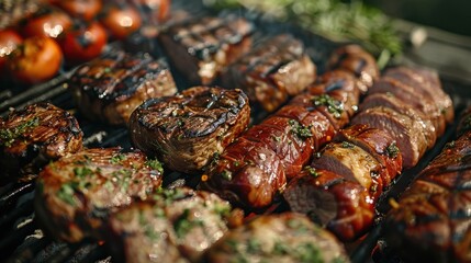 Wall Mural - A variety of meats are being grilled, including beef, pork, and chicken