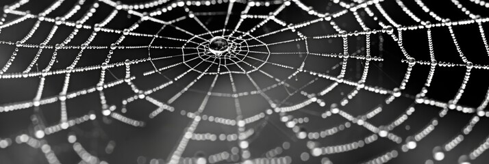 Wall Mural - A closeup of a spider web revealing every intricate detail magnified by dew. Black and white art