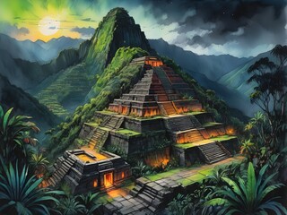 An ancient, ultra neon black Aztec city atop Peru's green moss-covered mountains, with a luminous, colorful jungle in the valley.
