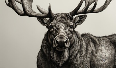 pen and ink sketch, moose with antlers, white background