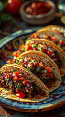 Wall Mural - Close-up of freshly made beef tacos topped with vibrant vegetables, ideal for recipe blogs and culinary websites. Trendy Mexican food.