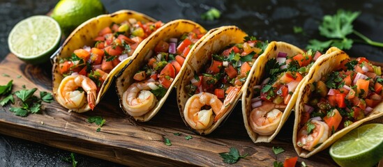 Canvas Print - Vibrant Shrimp Tacos with Fresh Salsa on a Wooden Platter