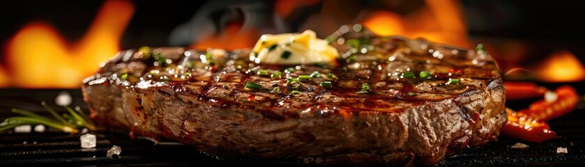 Wall Mural - Juicy grilled steak topped with herb butter and garnished with seasoning, cooked to perfection over an open flame with a smoky background.