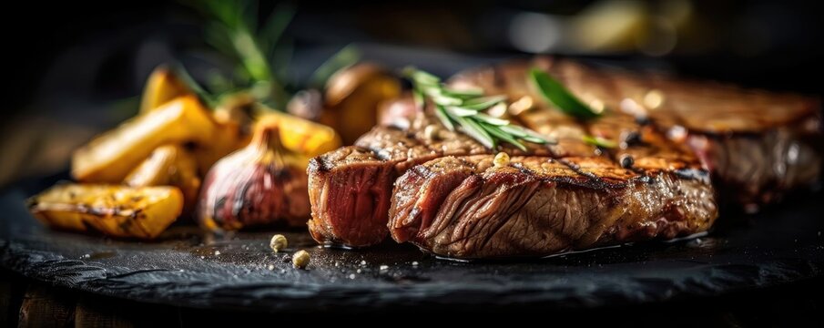 Close-up of a delicious grilled steak with golden roasted potatoes, garnished with fresh herbs on a dark background.
