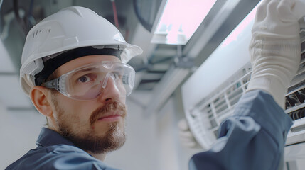 Wall Mural - Professional Electrician man wearing helmet and protective goggles repairs air conditioning indoor unit in a room with white interior, photorealistic