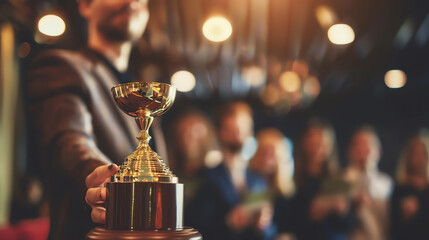 A person holding a golden trophy at an award ceremony with blurred people in the background, celebrating achievement and success.