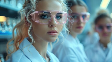 Wall Mural - A professional stock photo of quality control teams in a testing lab, wearing lab coats, in a quality-focused environment, feeling meticulous