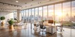 © Tekin - Beautiful blurred background of a light modern office interior with panoramic windows and beautiful lighting.