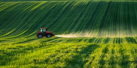 Poster - Tractor treating green field with pesticide agricultural background. Concept Agriculture, Pesticides, Field Treatment, Tractor, Greenery