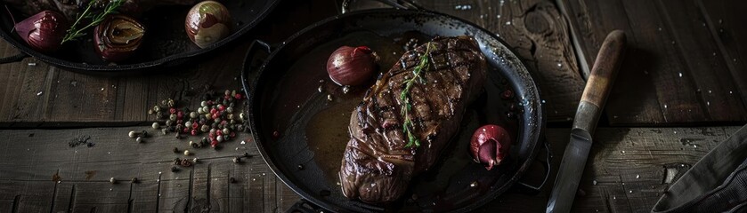 Wall Mural - Gourmet steak in cast iron skillet with roasted vegetables and fresh herbs on rustic wooden table.